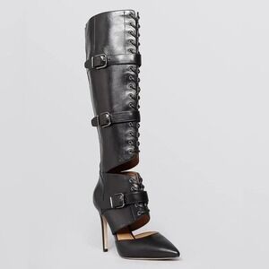 Via Spiga Black Leather Lace Up Buckle‎ Pointed Toe Stiletto Heel Tall Boots 8